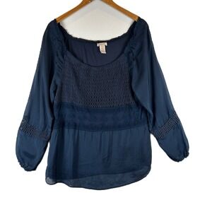 Sundance Crochet Trim Blouse Top Women's Medium Blue Long Sleeve Square Neck